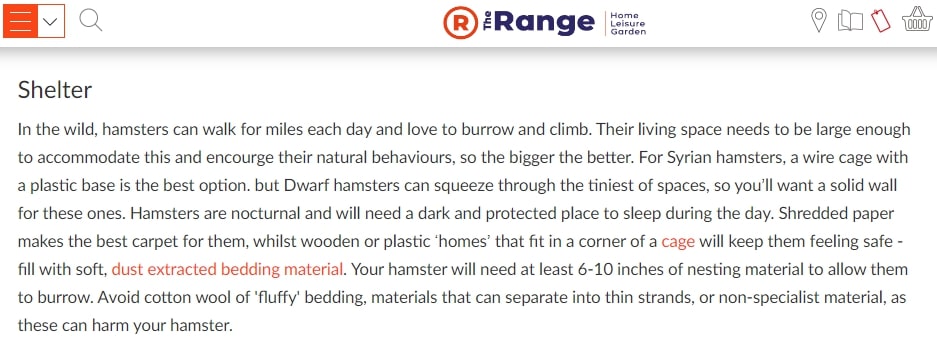 Screenshot from The Range Hamster Guide saying Avoid Cotton Wool Fluffy Bedding, they can harm your hamster